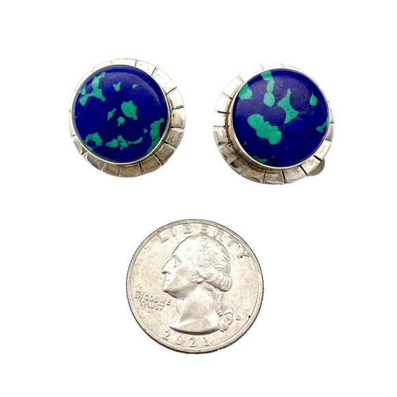 Vintage Azurite Malachite Clip-on Earrings Sterling Silver Southwest Mexico 925 - Picture 5 of 8